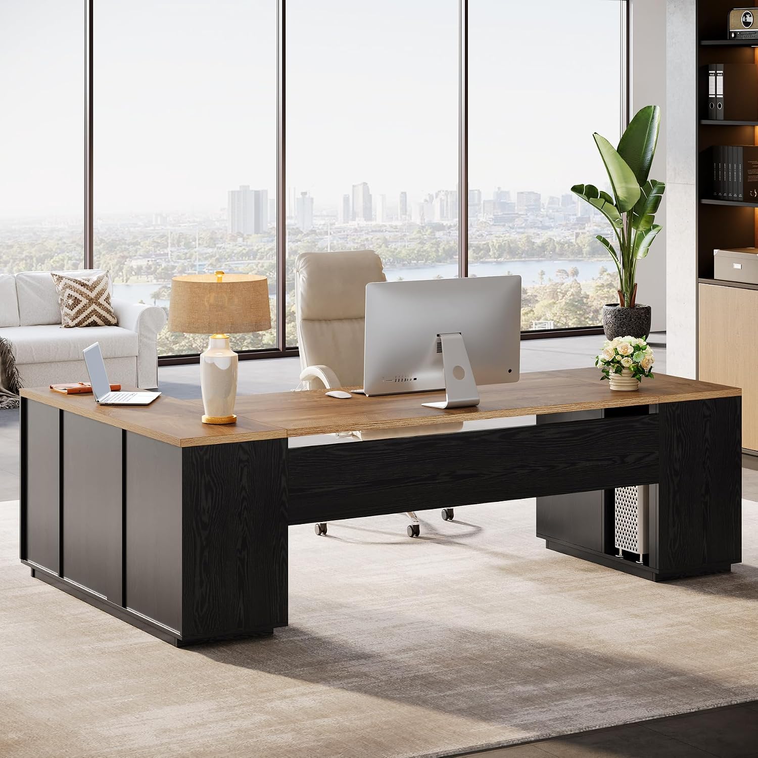 Tribesigns 85.8-Inch L-Shaped Executive Desk with File Drawers, Door Cabinet & Shelves, Extra Large Commercial Office Desk, Modern Professional Office Table, Business Furniture, Natural & Black