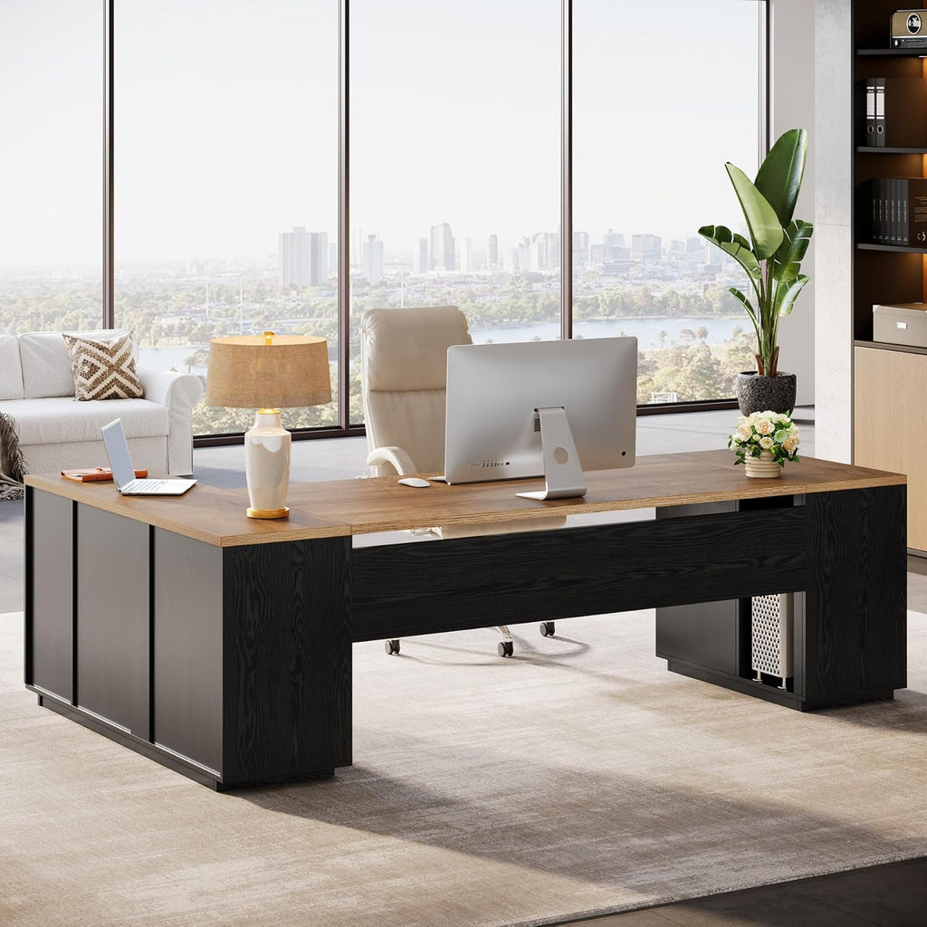 Tribesigns 85.8-Inch L-Shaped Executive Desk with File Drawers, Door Cabinet & Shelves, Extra Large Commercial Office Desk, Modern Professional Office Table, Business Furniture, Warm Brown & Black