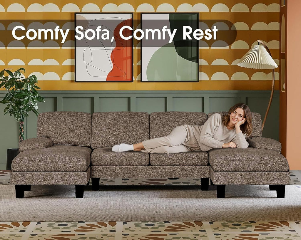 Furmax Sectional Couches for Living Room, U-Shaped Sofa Couch with Linen Fabric, 4 Seat Sofa Set with Double Chaise for Apartment (Loop Yarn, Pearl Gray)
