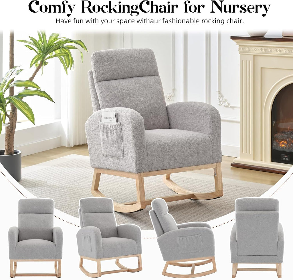 Nursery Glider Rocking Chair with 2 Side Pockets - Solid Wood Legs, Cozy Armchair for Baby Room, Living Room, Bedroom, Comfortable Nursery Essential(Light Gray)
