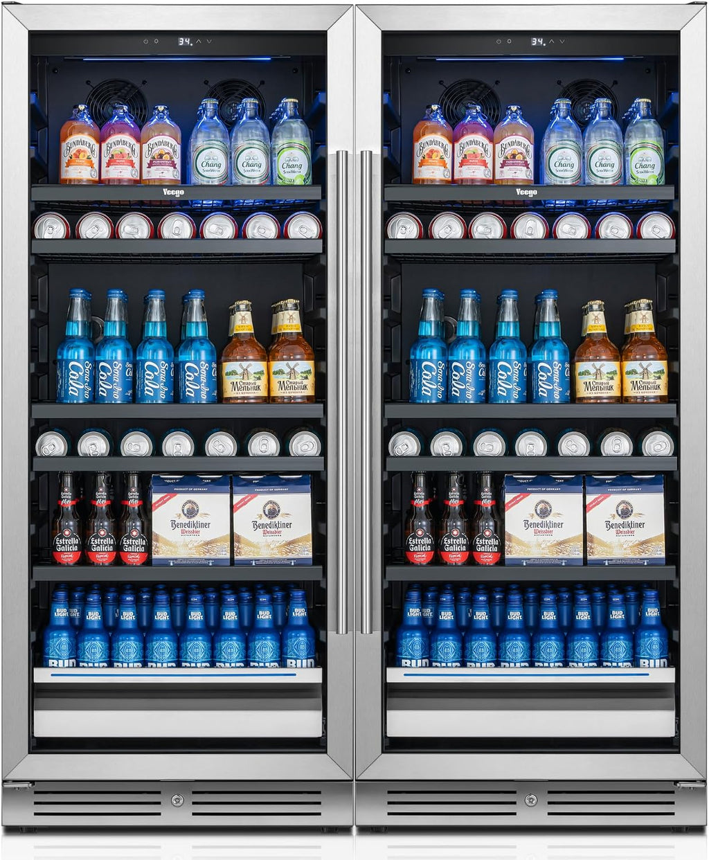 Yeego Beverage Refrigerator 48 inch -2PCS Capacity Beverage Cooler, Upgraded Beverage Refrigerator Freestanding or Built-In, Drink Cooler for Soda, Water, Beer or Wine - For Kitchen, Bar or Office