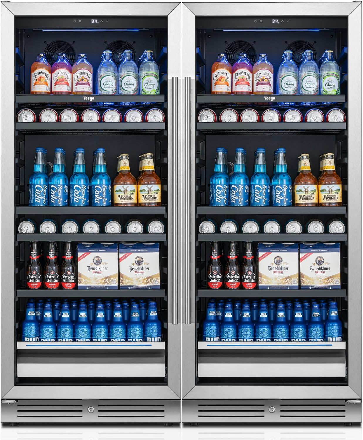 Yeego Beverage Refrigerator 48 inch -2PCS Capacity Beverage Cooler, Upgraded Beverage Refrigerator Freestanding or Built-In, Drink Cooler for Soda, Water, Beer or Wine - For Kitchen, Bar or Office
