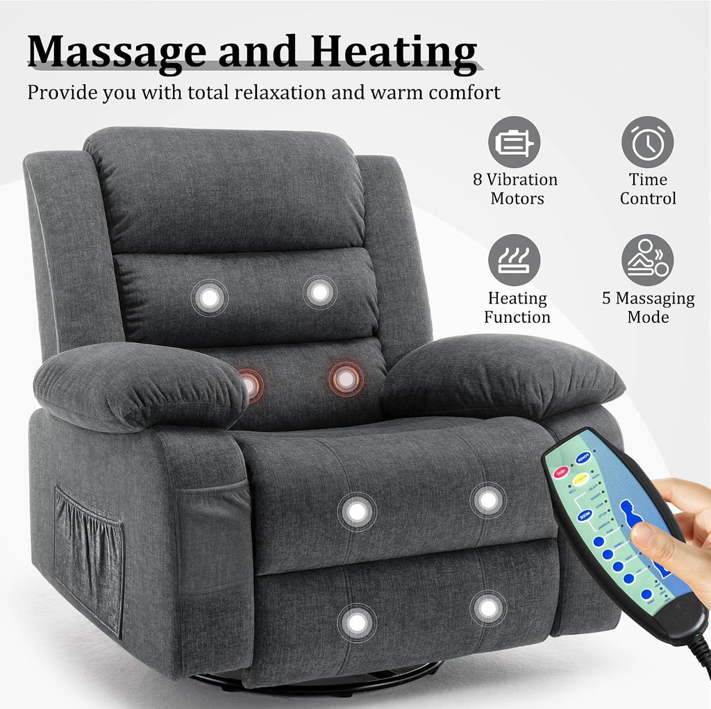Korser Recliner Chair for Adults, Oversized 360° Swivel Rocker Recliner with Massage and Heat, Wide Nursery Glider Rocking Chair with Side Pockets, Cashmere Reclining Sofa for Living Room (Grey)
