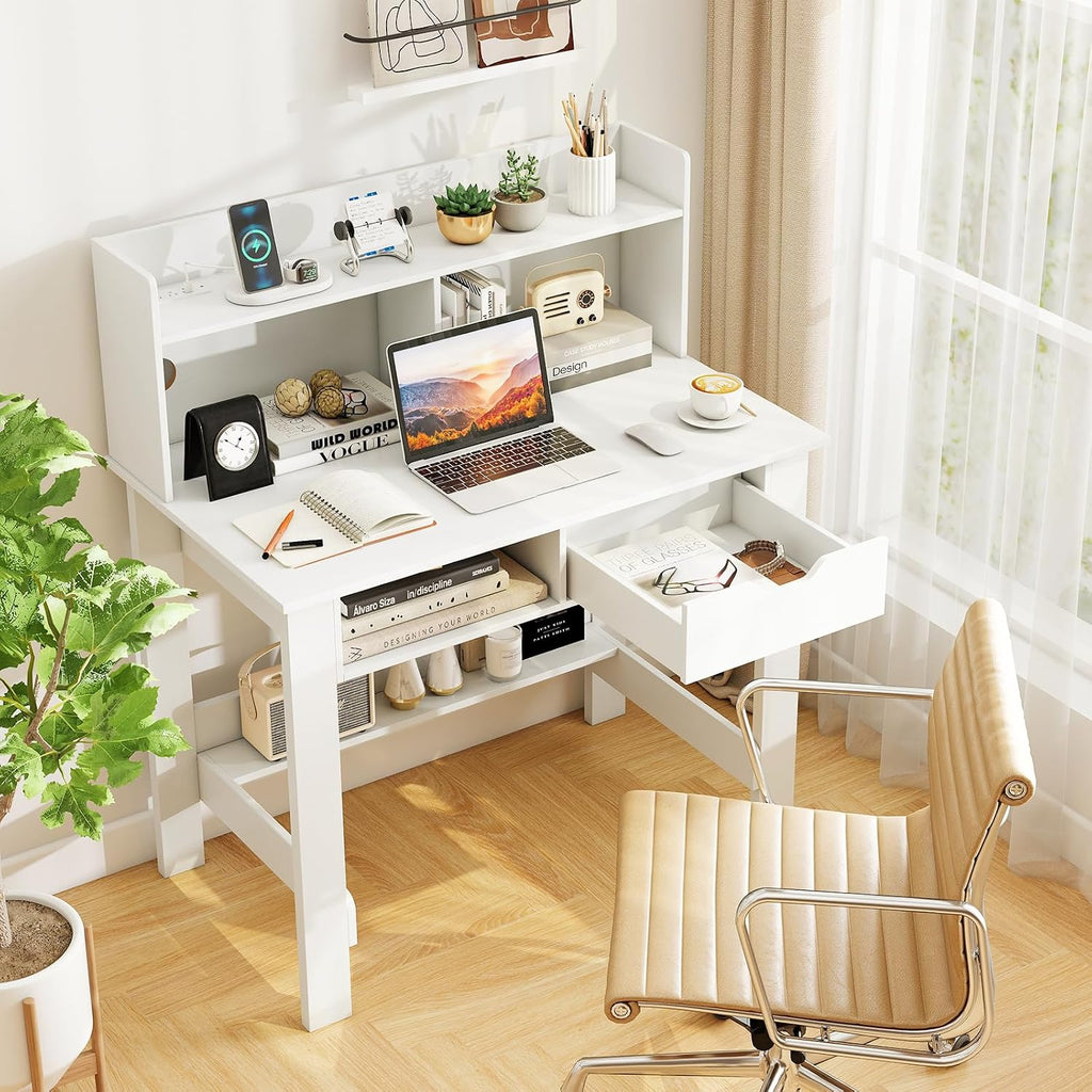 Tangkula White Desk with Hutch & Drawer, Modern Computer Desk with Charging Station USB & Type C Port, Cable Hole, Home Office Desk with Storage Shelves for Study Room Bedroom