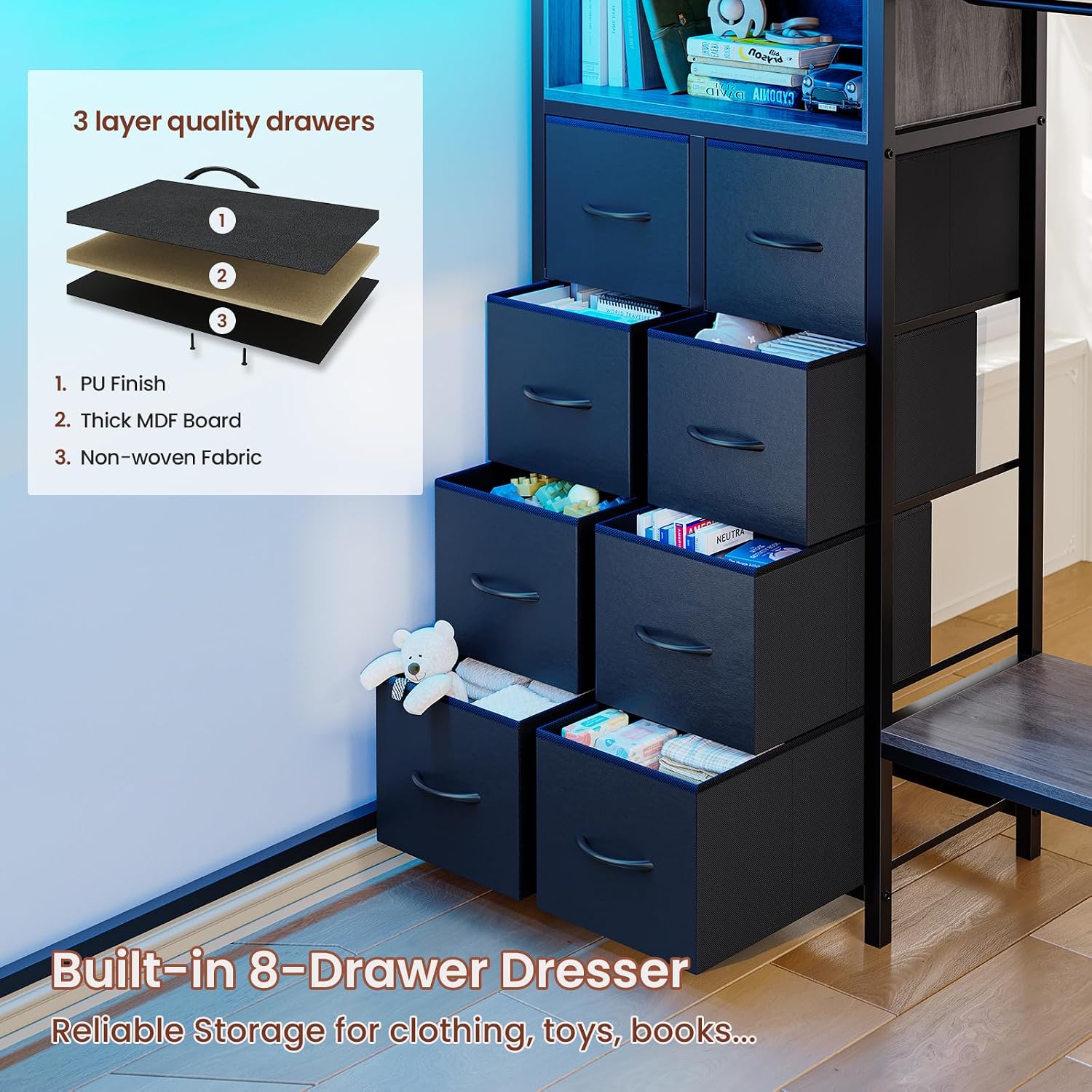 ADORNEVE Loft Bed Twin Size with Desk, 11 Storage Drawers, Metal Kids Loft with RGB Lights, Charging Station, Shelves & Clothing Rack, 13.4' H Safety Guard & Paded Ladder, Black & Grey