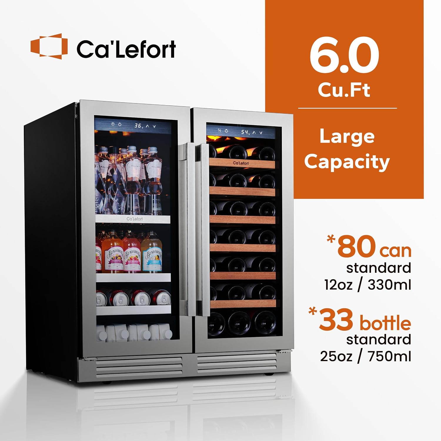 Ca'Lefort 30in Wine Fridge & Beverage Refrigerator with 3 Color LED Lights, Independent Dual Temp Zone Mini Fridge, Built-in/Freestanding Cooler for Wine/Beer Lovers, for Home, Kitchen, Office, Bar