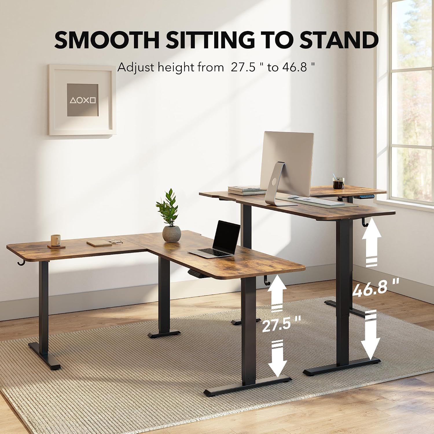 FEZIBO L Shaped Standing Desk, Electric Stand up Height Adjustable Home Office Table, Sit Stand Desk, Light Rustic Brown Top