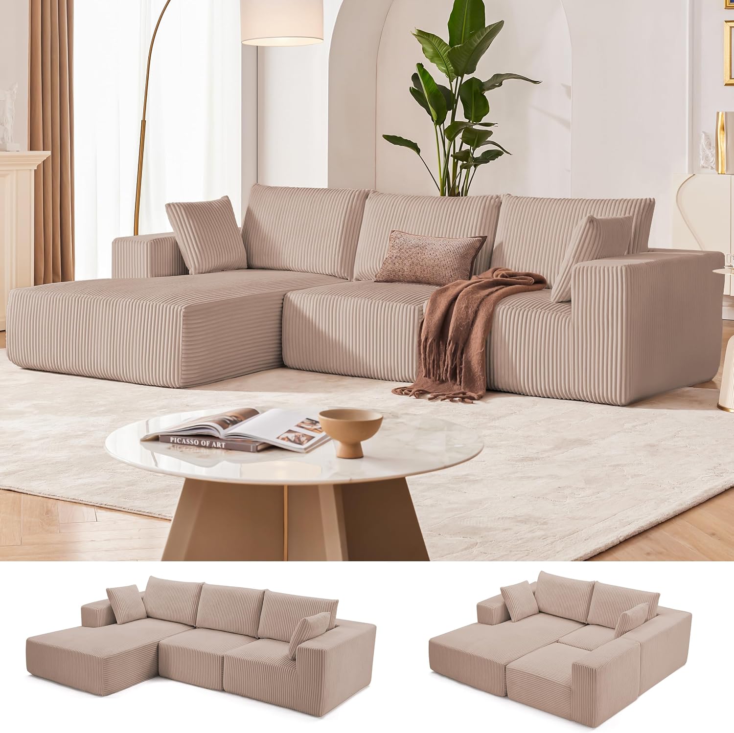 108' Modular Sectional Sofa, Cloud Sectional Couch with Deep Seat, Boneless Couches for Living Room Bedroom, Modern Modular L-Shape Sofa Couch with Chaise (Camel, Left Facing Chaise)