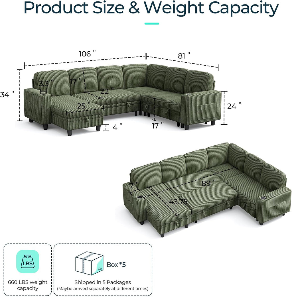LINSY HOME Sectional Sleeper Sofa with Pull Out Couch Bed for Living Room (Green) | Plush Corduroy, Storage Ottoman, Storage Chaise, Pull Out Couch, USB Charging