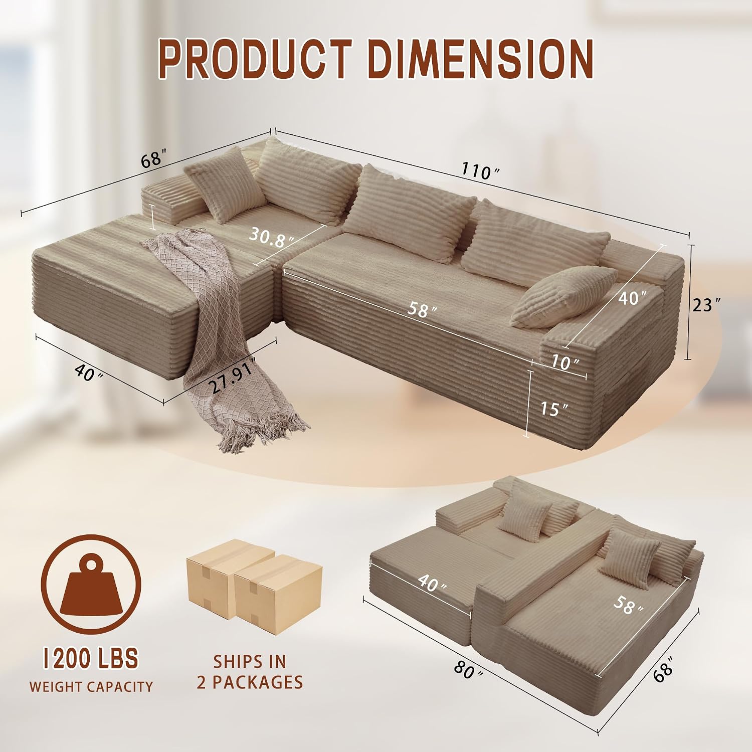 Korser 110' L-Shaped Modular Sectional Sofa with Chaise, Boneless Comfy Corduroy Fluffy Couch with Deep Seat and Side Pockets, Flexible Module Combination for Living Room, No Assembly, Side Pockets