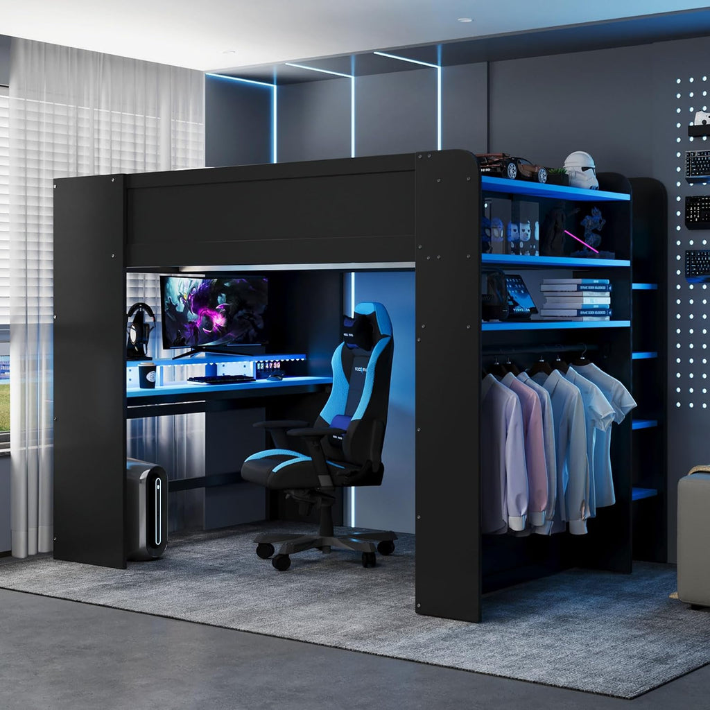 Full Size Gamer Loft Bed with Height-Adjustable Desk,Wardrobe,Ample Storage Space,and RGB Light, Wooden Bunk Bed for Gaming Setup (Cloud Blue/A1)