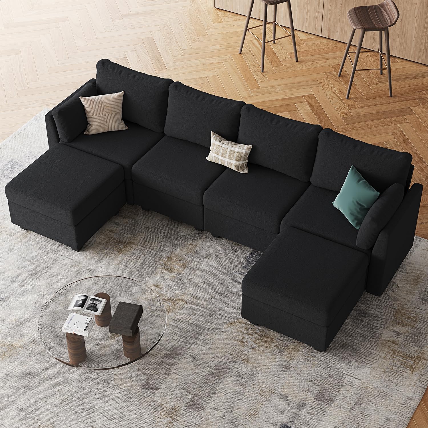 Huatean Home 114.17' Modular Sectional Sofa, 6 Seat Sectional Couches with Storage, Memory Foam, Convertible Modular Couch for Living Room, U Shaped Comfy Modular Sofa with Chaise, Black