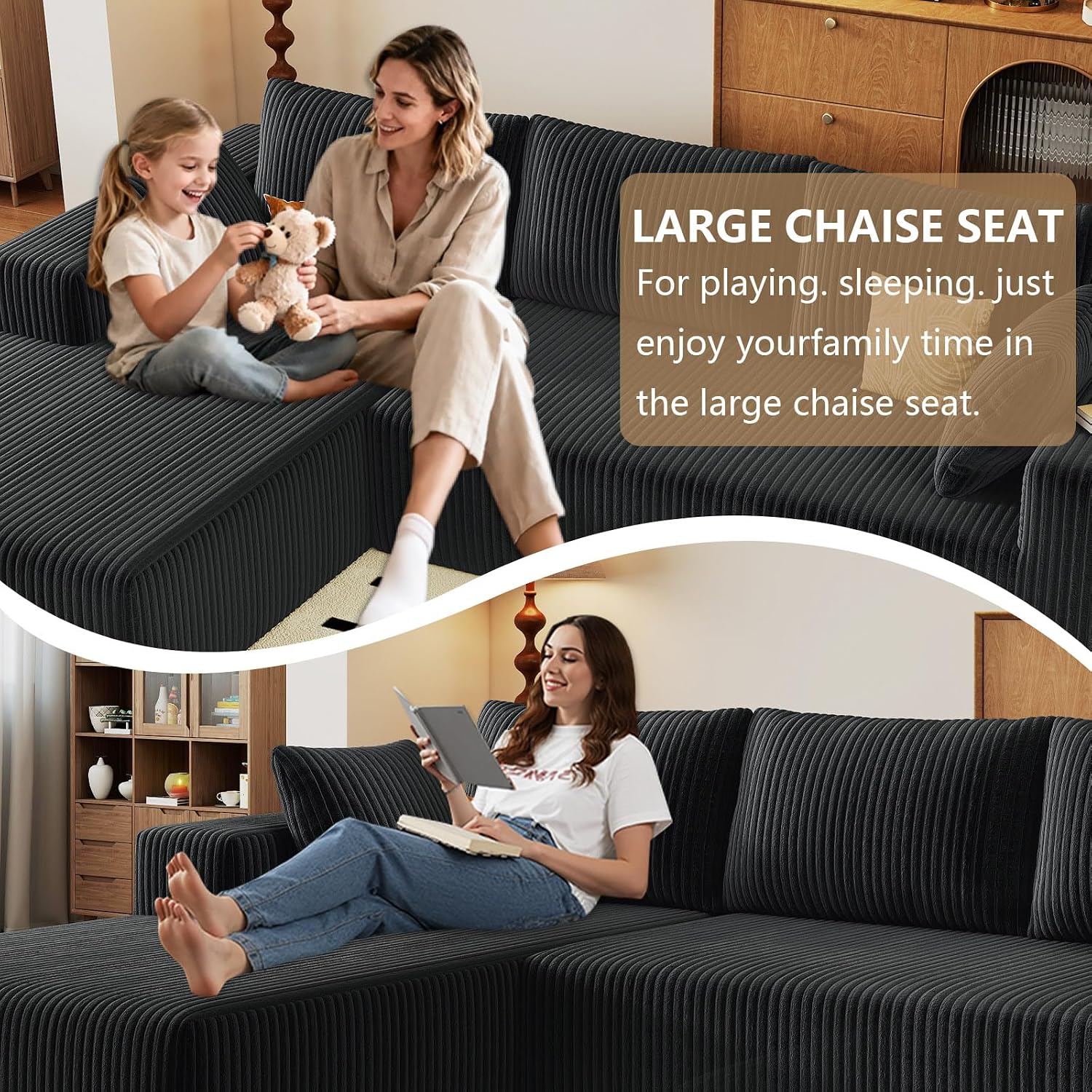 96' Modular Sectional Couch, Boneless L Shaped Cloud Sofa with Chaise Lounge, Corduroy Upholstered Couches Memory Foam Deep Seat, No Assembly Required, Ideal for Living Room(Black, Left Facing)
