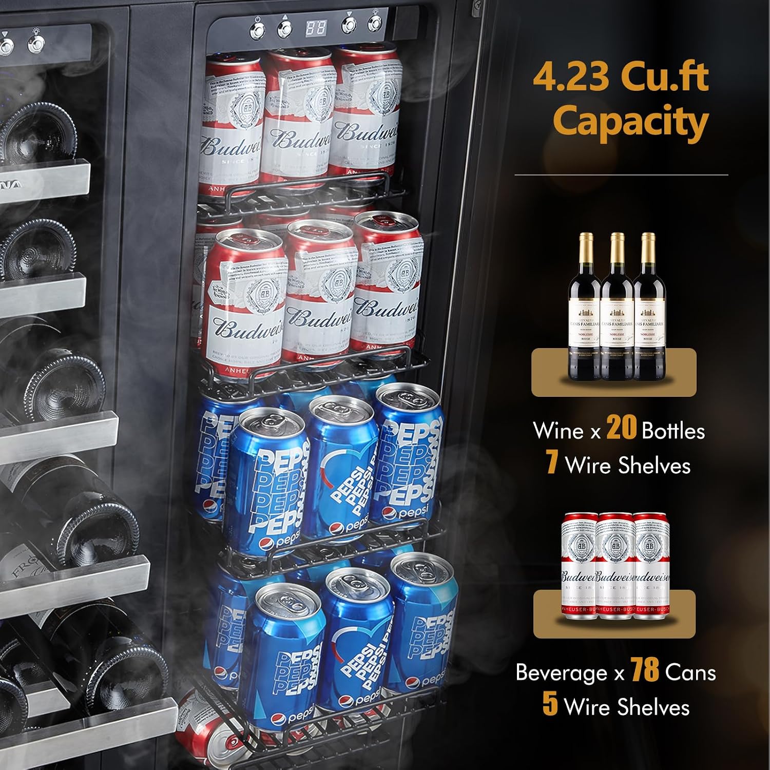 Phiestina Wine and Beverage Refrigerator, 24'' Wine Cooler- 20 Bottles&78 Cans, Built-in/Freestanding Dual Zone Wine Fridge with Glass Door, Removable Shelves for Home/Bar/Office