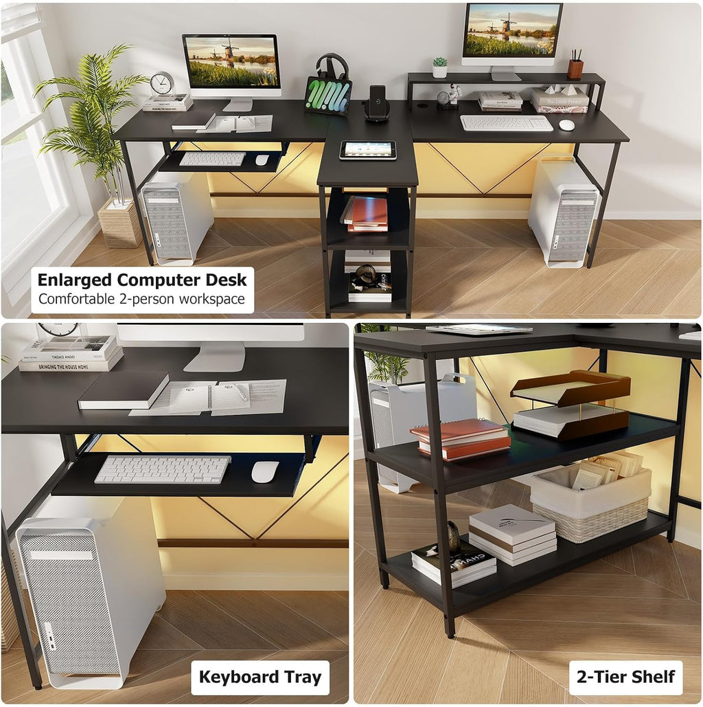 Giantex 94.5' 2 Person Desk with LED Lights, Long PC Study Desk with Storage Shelves, Power Outlets, Keyboard Tray & Monitor Stand, Double Computer Desk Workstation for Home Office (Black)