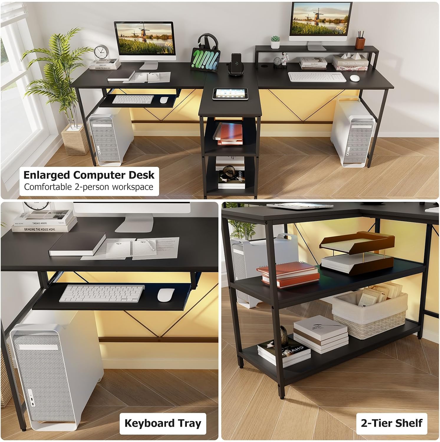 Giantex 94.5' 2 Person Desk with LED Lights, Long PC Study Desk with Storage Shelves, Power Outlets, Keyboard Tray & Monitor Stand, Double Computer Desk Workstation for Home Office (Black)