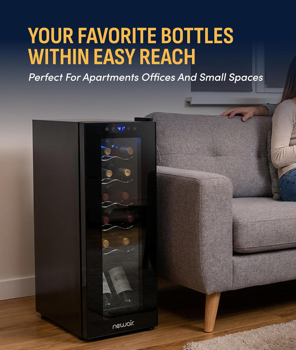 NewAir 10' Wine Fridge for 12 Bottles | Freestanding Wine Cooler Refrigerator with Glass Door | Compact Countertop Storage with Precision Cooling & Quiet Operation | Black