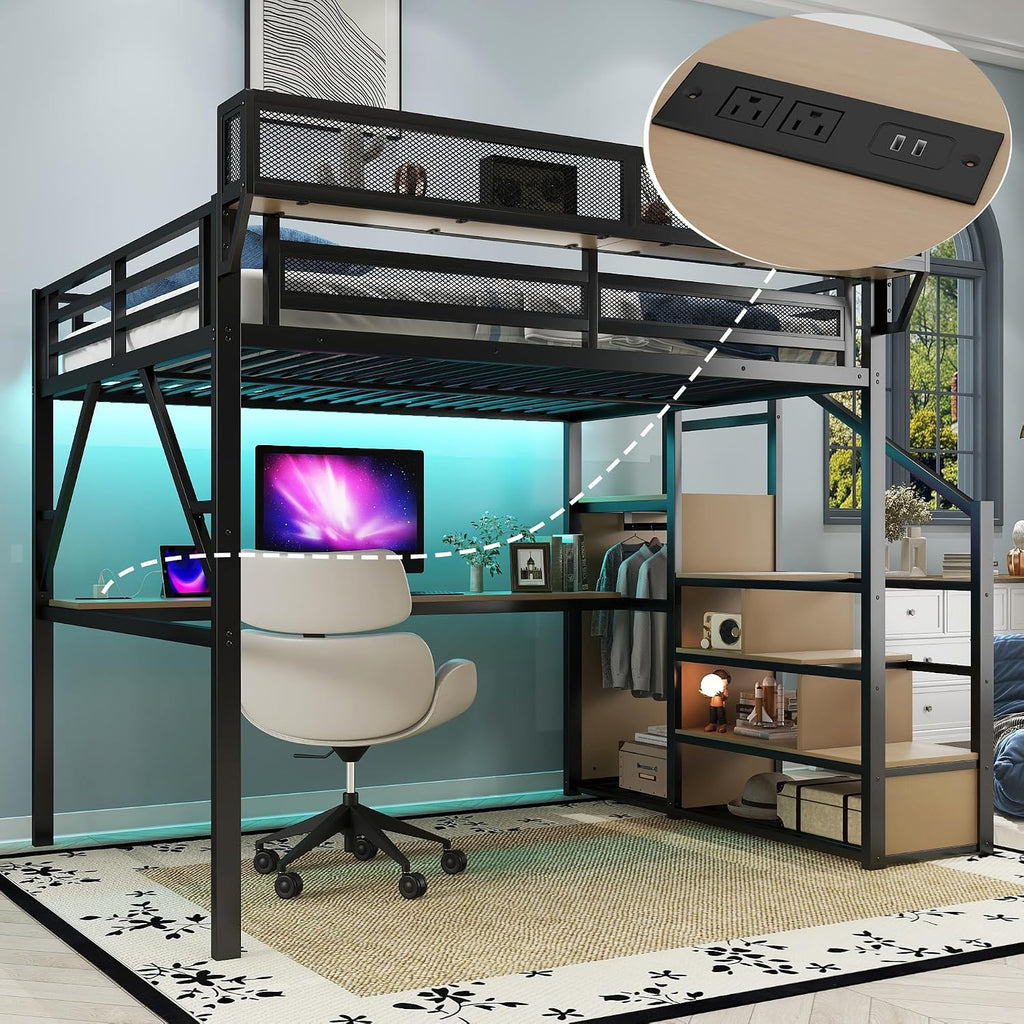 Queen Size Loft Bed with Stairs and Desk, Metal Lofts Bed Queen with Upper Storage Shelf, Gaming LoftBed with LED, Charging Station and Wardrobe for Teens, Adults,Black
