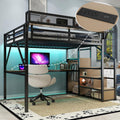 Queen Size Loft Bed with Stairs and Desk, Metal Lofts Bed Queen with Upper Storage Shelf, Gaming LoftBed with LED, Charging Station and Wardrobe for Teens, Adults,Black