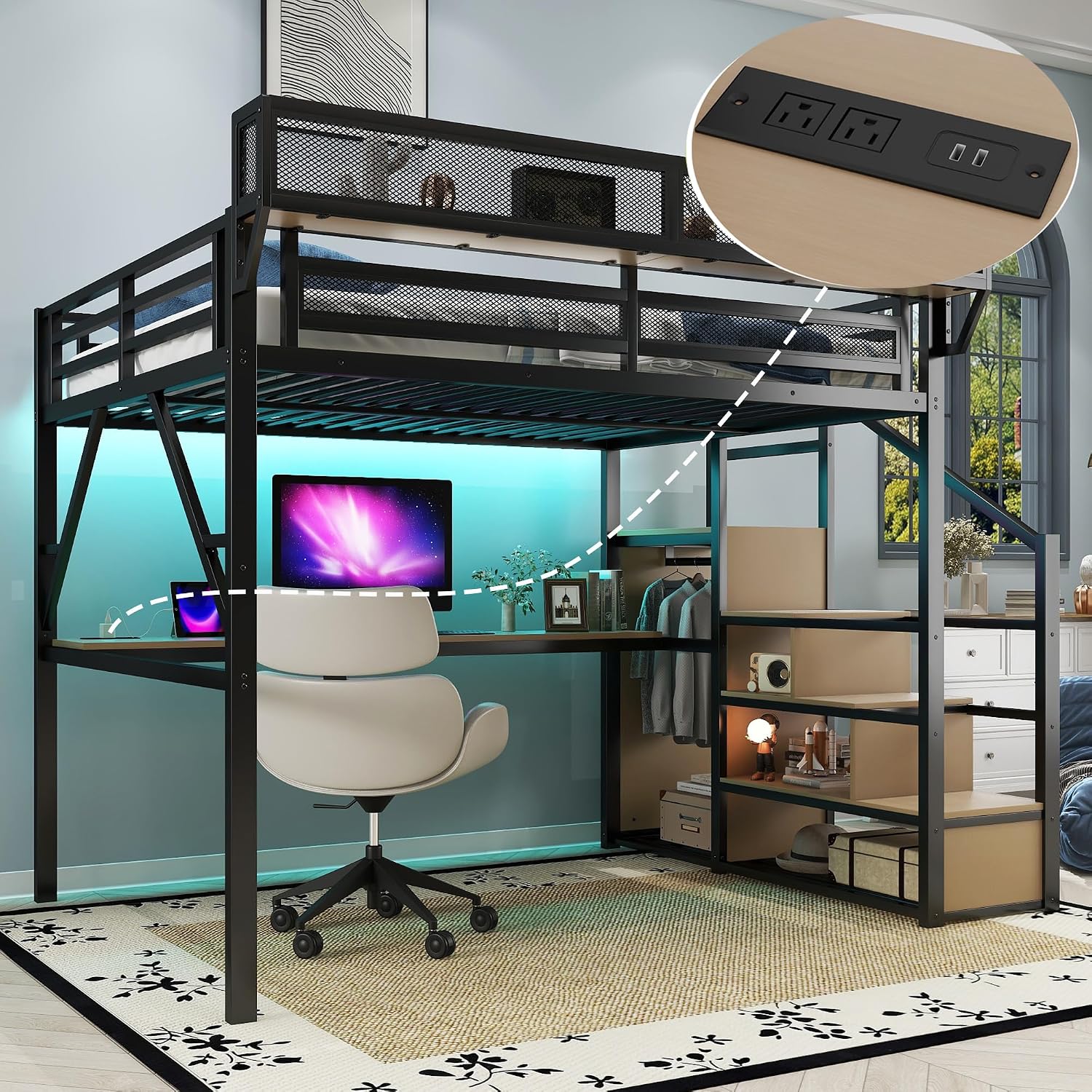 Queen Size Loft Bed with Stairs and Desk, Metal Lofts Bed Queen with Upper Storage Shelf, Gaming LoftBed with LED, Charging Station and Wardrobe for Teens, Adults,Black