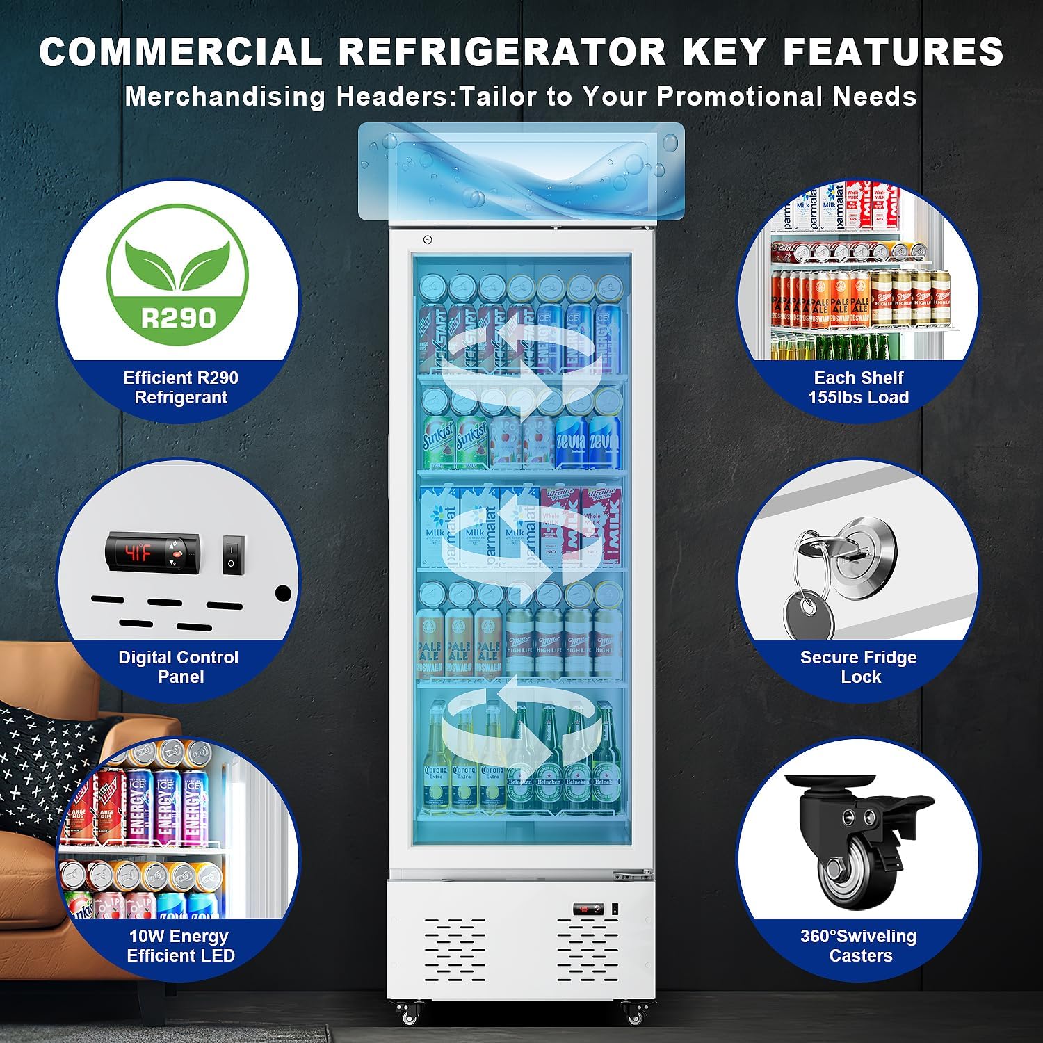 White Commercial Glass Door Display Refrigerator 11 Cu.ft Cooler Beverage Refrigerators with LED Light and 5 Shelves for Cafe Restaurant Store Bar