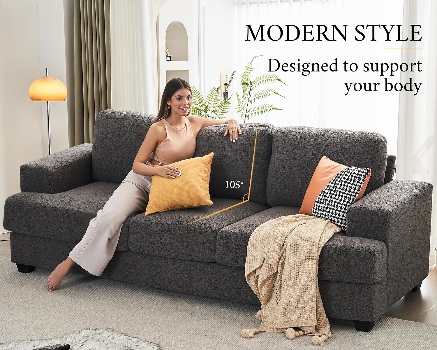 VanAcc 89 inch Sofa, 3 Seater Sofa with Extra Deep Seats, Modern Couch- Comfy Couch for Living Room Apartment Lounge, Grey Bouclé