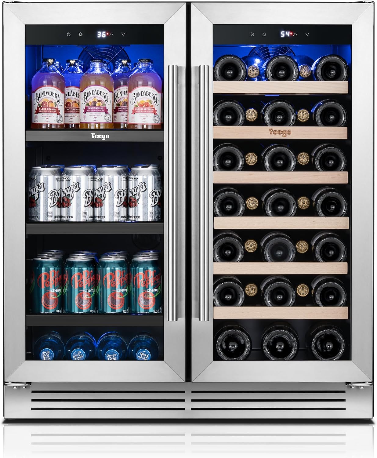 Yeego Wine and Beverage Refrigerator, 30 Inch Dual Zone Wine Fridge with Glass Door, 36-72℉ Beer Cooler Holds 33 Bottles and 80 Cans, Built-In or Freestanding Beverage Cooler for Home Bar Office