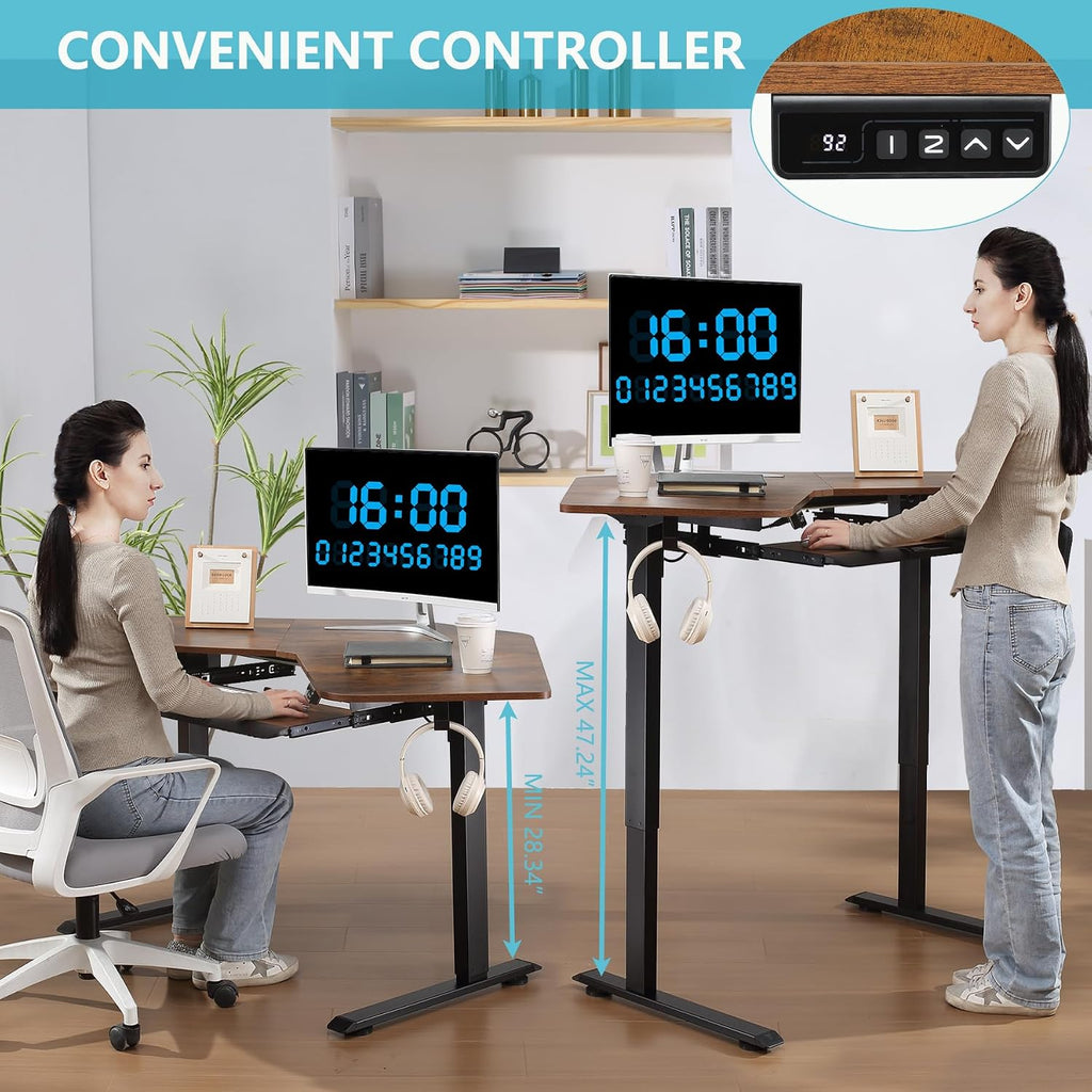 ETHU Electric L-Shape Standing Desk with Keyboard Tray, Height Adjustable 29-42 inches, Modern Style, Brown, For Home Office, Gaming, Work