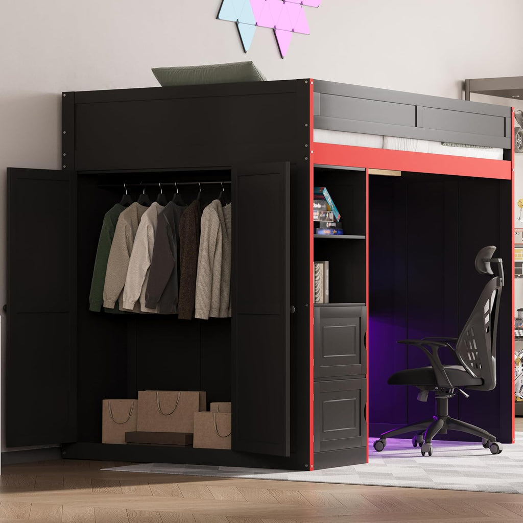 SOFTSEA Full Size Gaming Loft Bed with Desk & Storage Stairs, Solid Wood Loft Bed with LED Lights, Wardrobe and Shelves, Space-Saving Gaming Bed for Kids Teens Adults, Black + Red