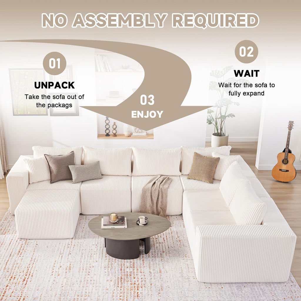 Boneless Couch, Cloud Couch Sectional, Modular Sofa with Deep Seat, Convertible Sectional Couches for Living Room, Plush Corduroy U Shaped Boneless Couch (Beige, 6 Seater & 1 Ottoman)