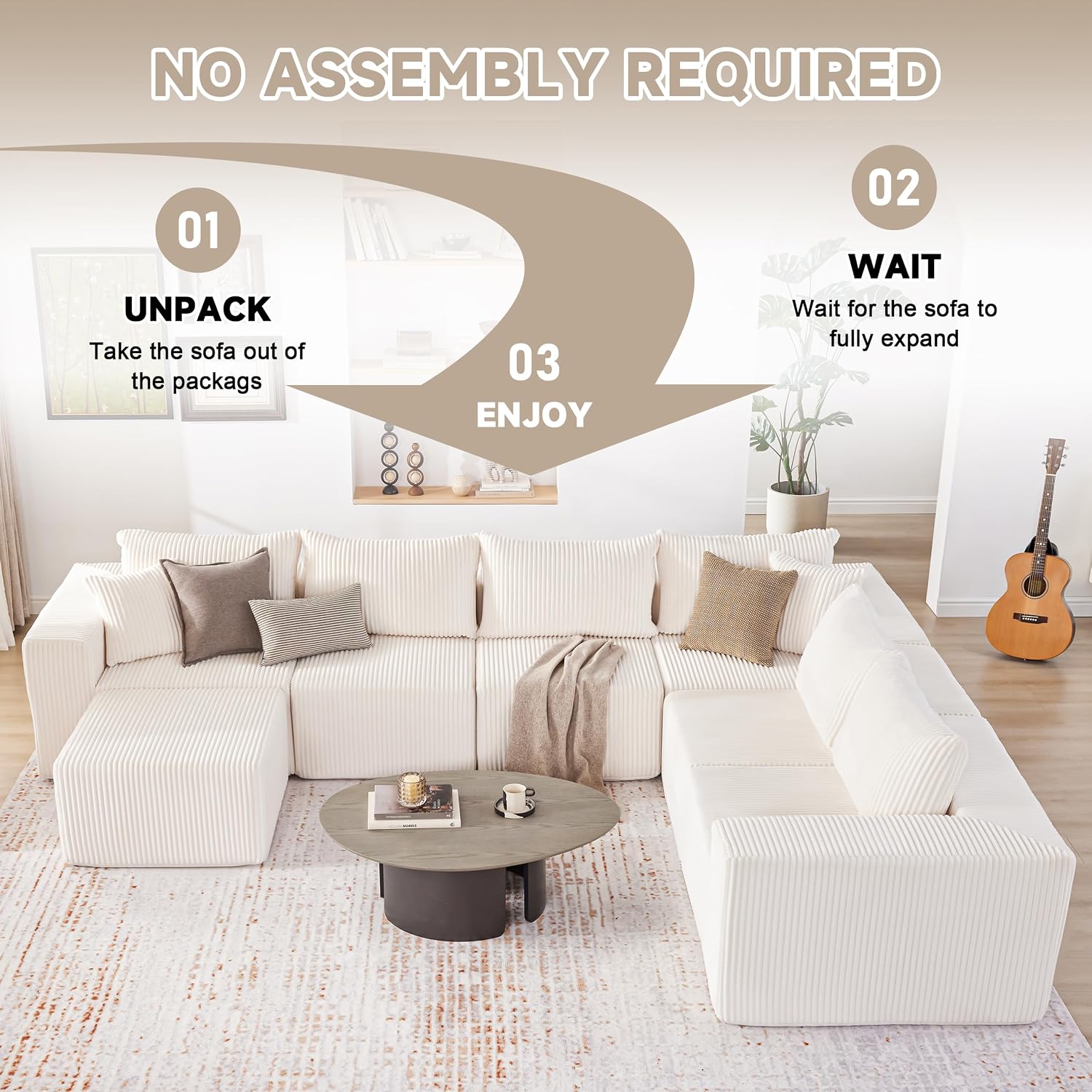 Boneless Couch, Cloud Couch Sectional, Modular Sofa with Deep Seat, Convertible Sectional Couches for Living Room, Plush Corduroy U Shaped Boneless Couch (Beige, 6 Seater & 1 Ottoman)