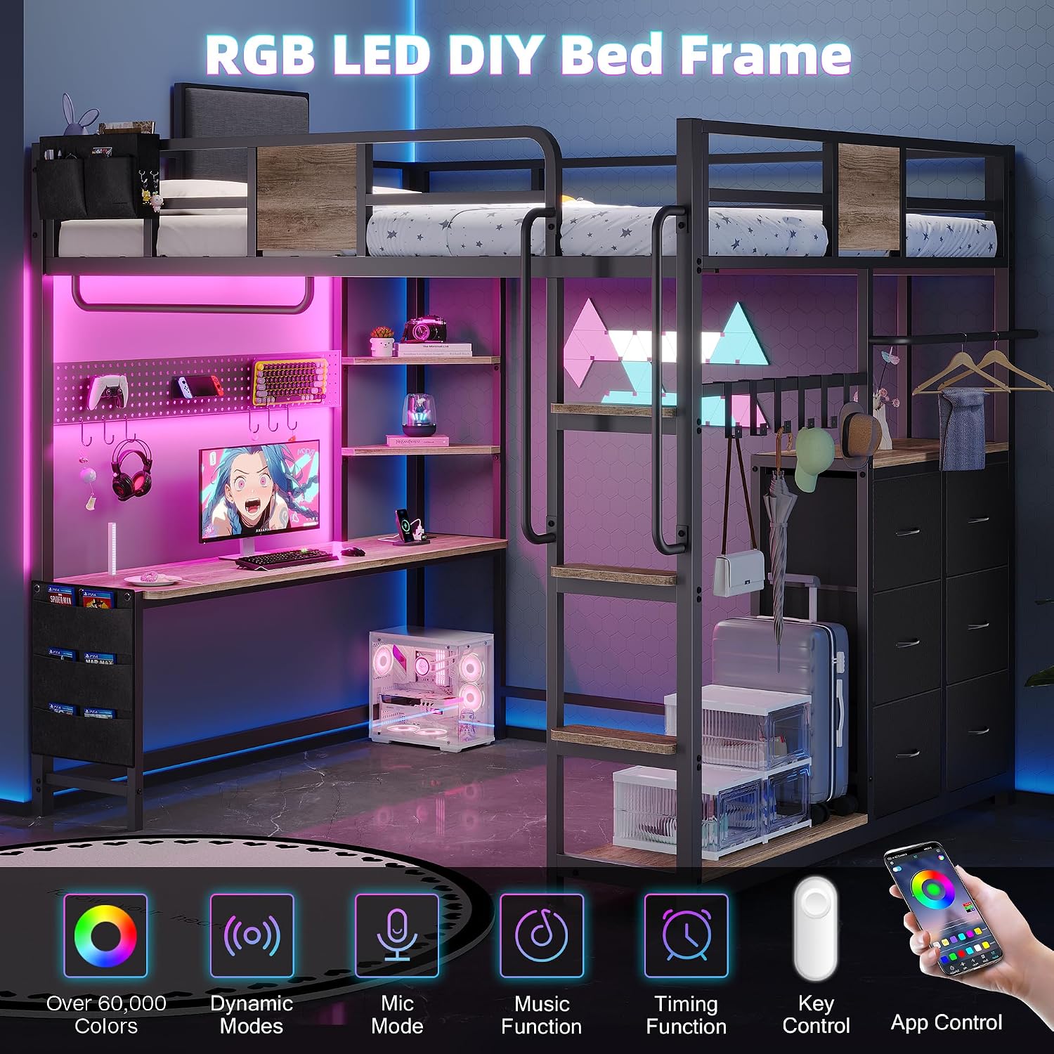 Dnxao Full Size Loft Bed with Desk, Heavy Duty Metal Bed Frame for Teens Adults, 6 Storage Drawers, Power Outlet with Type-C, LED Lights, Integrated Study Workstation for Small Room,Oak Gray
