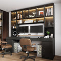 WOODTIME Large Two Person Computer Desk with Bookshelf and Lights, Study Writing Gaming Table Workstation with 4 Drawers & 14 Shelves for Home Office, White