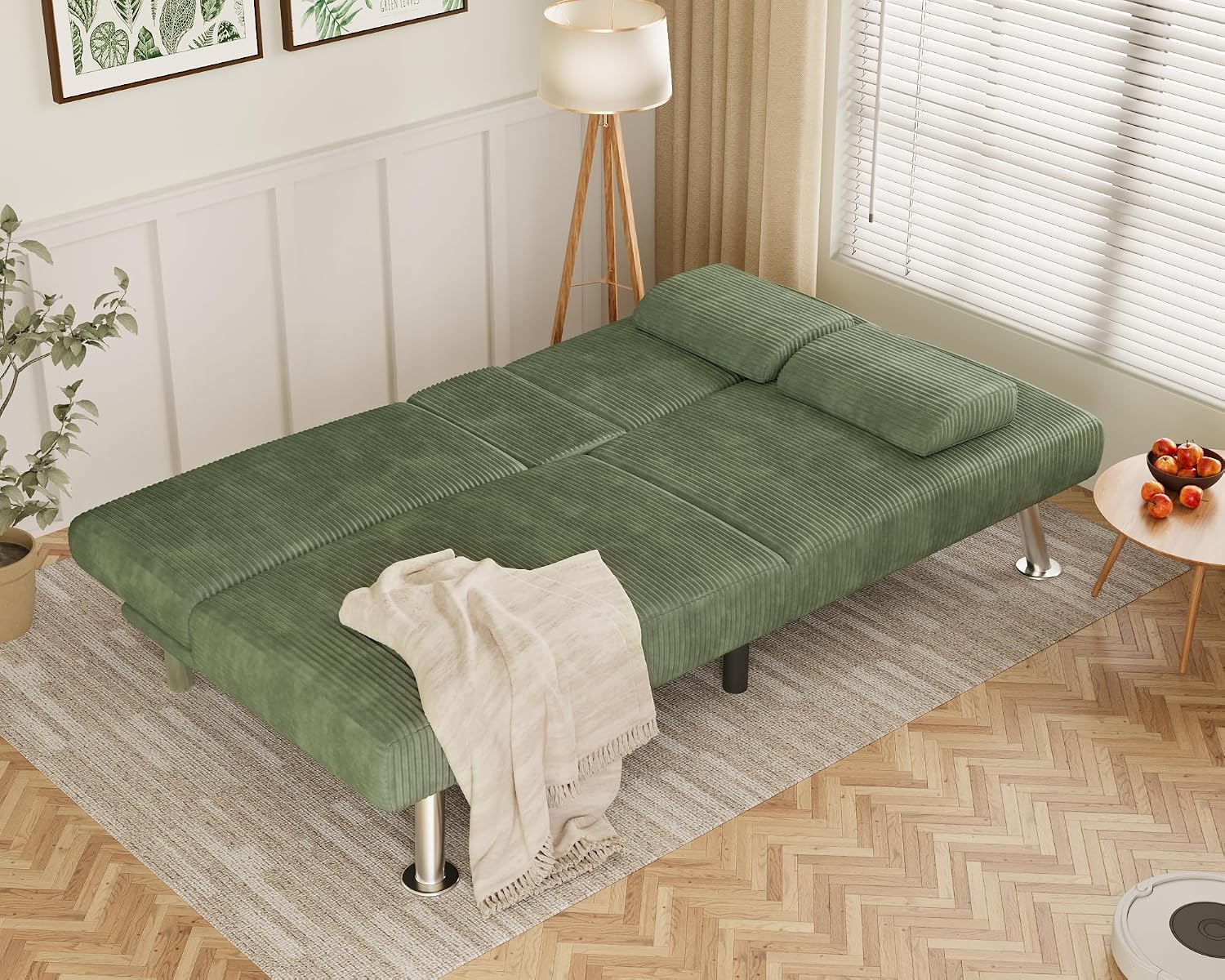 Flamaker Futon Sofa Bed Corduroy Folding Couch Adjustable Sleeper Sofa Bed for Small Apartment Upholstered Living Room Furniture Set with 2 Cup Holders Removable Armrests (Corduroy, Green)