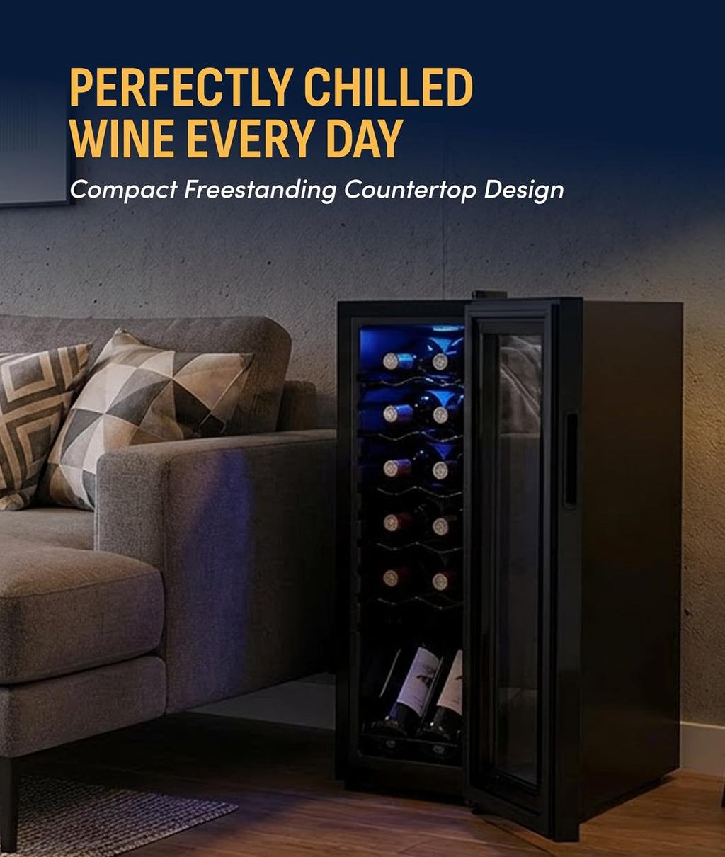 NewAir 10' Wine Fridge for 12 Bottles | Freestanding Wine Cooler Refrigerator with Glass Door | Compact Countertop Storage with Precision Cooling & Quiet Operation | Black