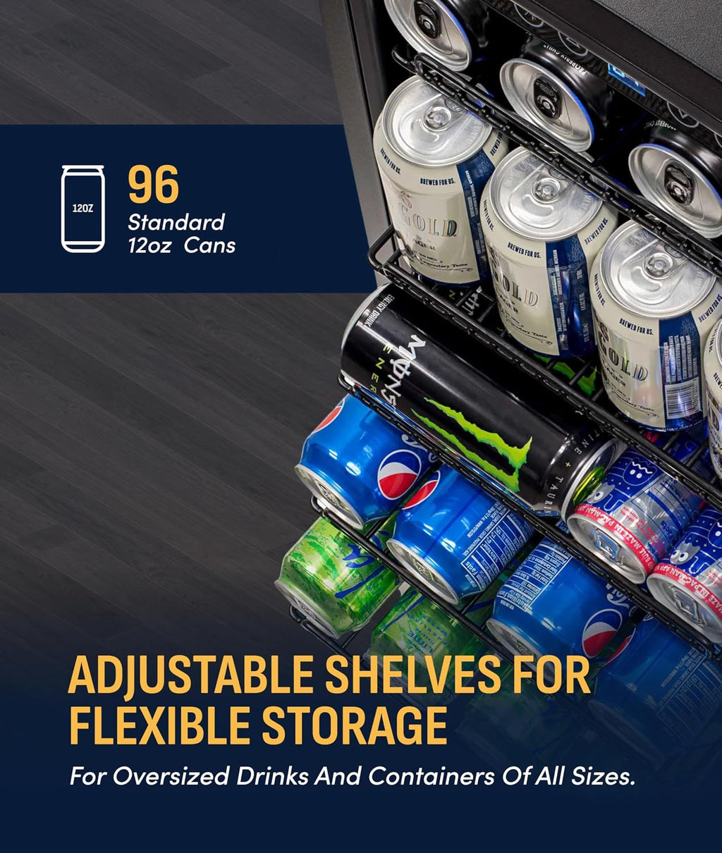 NewAir 96 Can Built-In Beverage Refrigerator | 15' Small Mini Fridge for Bedroom, Home Bar or Office | Quiet Cooling & Precise Temperature Control | Black Stainless Steel