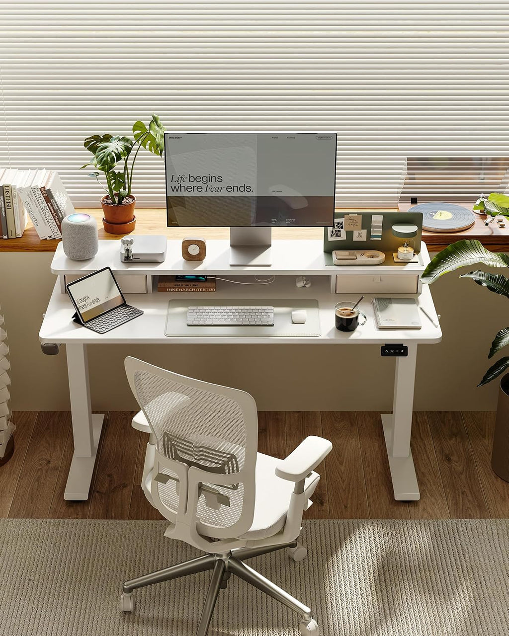 FEZIBO 55 x 24 Inch Height Adjustable Electric Standing Desk with Double Drawer, Stand up Home Office Computer Desk with 4 Height-Adjustable Feets & 2 Hooks, White