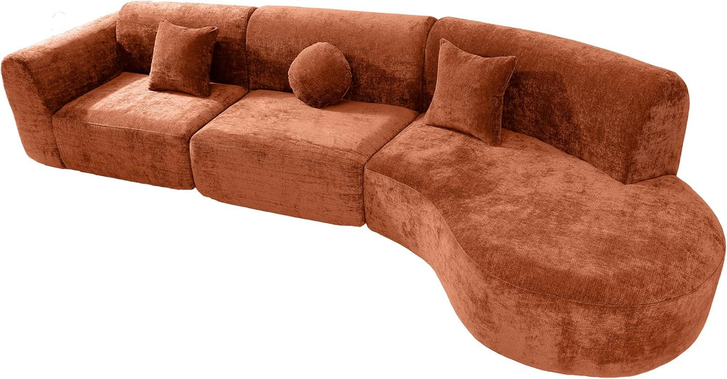 Merax 140' Curved Polyester Sectional Sofa Set, 7 Seat Modern Cloud Couch with Chaise Lounge,3 Pillows, Fully Assembled for Living Room, Orange