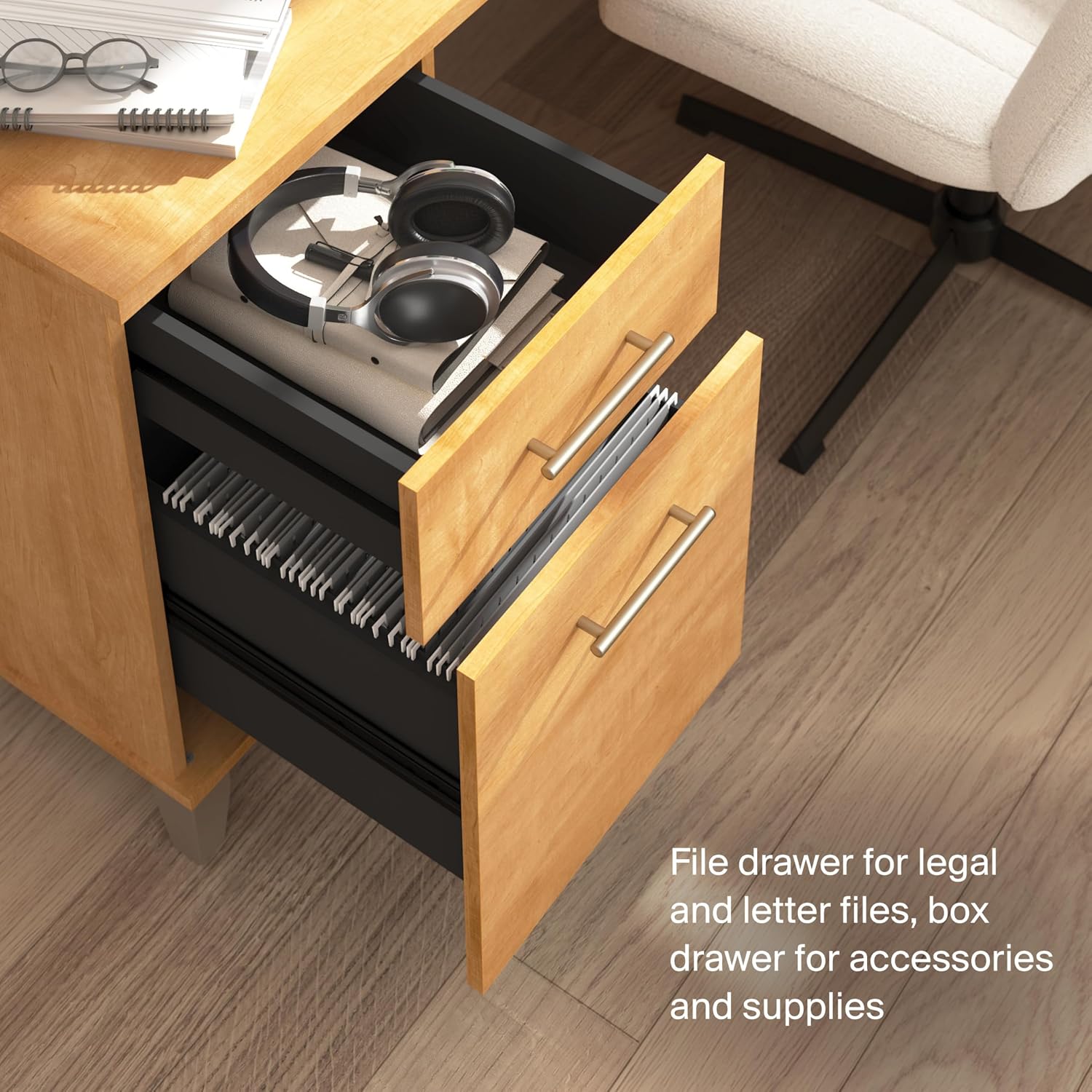 Bush Home 60-Inch L-Shaped Desk with Storage, Corner Computer Office Desk with Drawers and Storage Cabinet, Home Office Furniture, Somerset Collection, Maple Cross