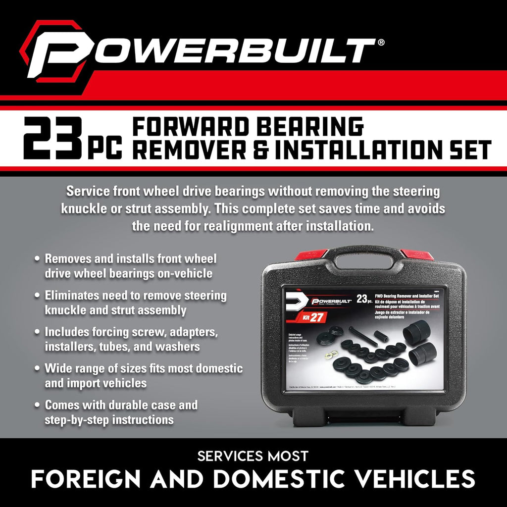 Powerbuilt Front Wheel Drive Bearing Removal and Installation Tool Set, Domestic and Import, 23 Piece Kit with Adapters - 648741