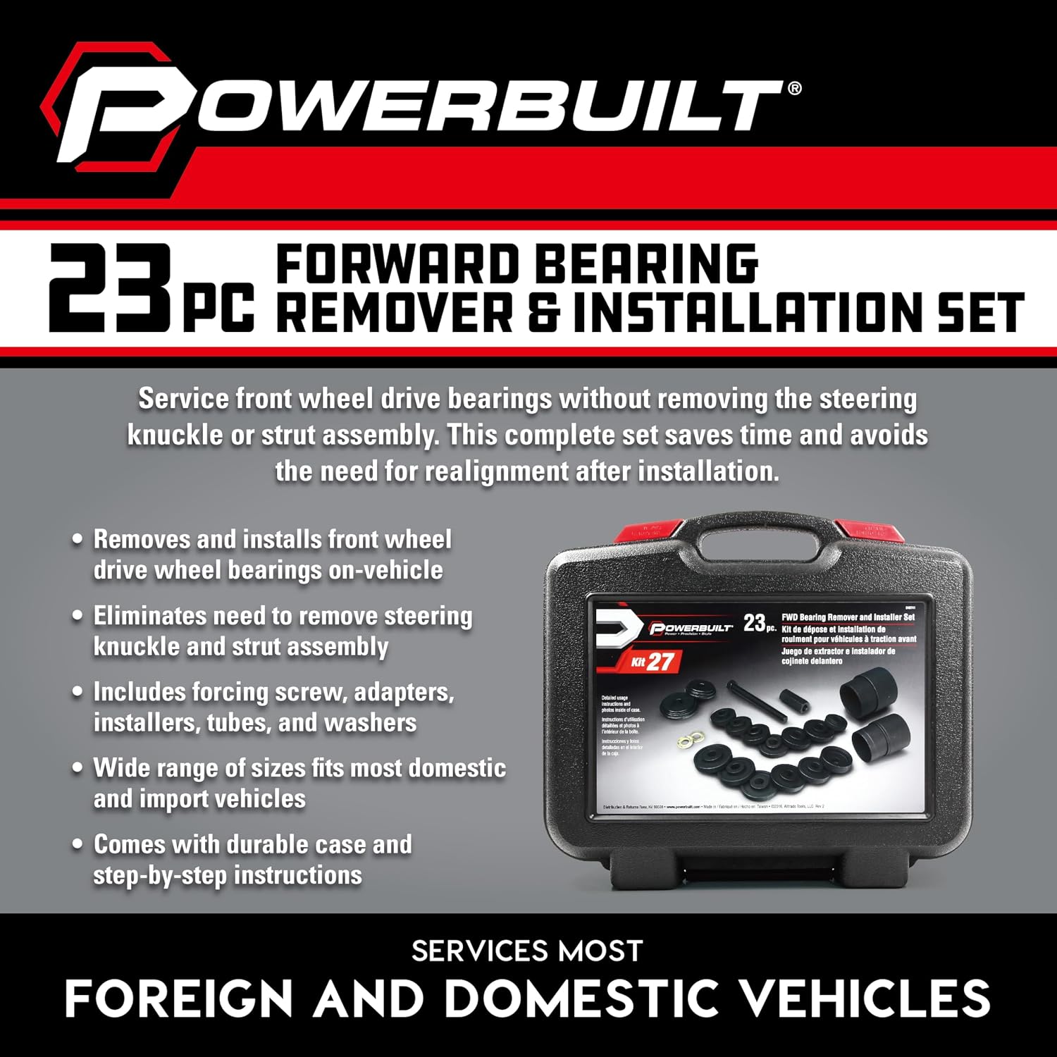 Powerbuilt Front Wheel Drive Bearing Removal and Installation Tool Set, Domestic and Import, 23 Piece Kit with Adapters - 648741