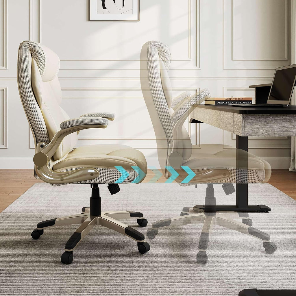 EUREKA ERGONOMIC Galene Executive Office Chair Flip Up Arm Rest, Ergonomic Desk Chair Faux Leather Computer Chair, High Back Office Chair with Headrest, Home Office Desk Chairs with Wheels, Beige