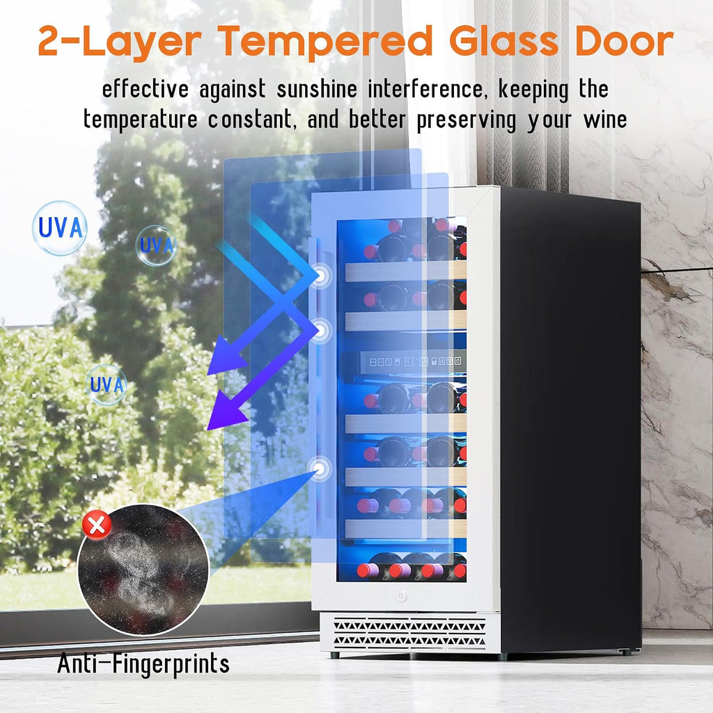 Albott 15 Inch Wine Fridge, Dual Zone 31 Bottle Wine Cooler 41–68℉ with Digital Temperature Control, Reversible Double-Layer Glass Door, Built-in or Freestanding Design for Home and Bar