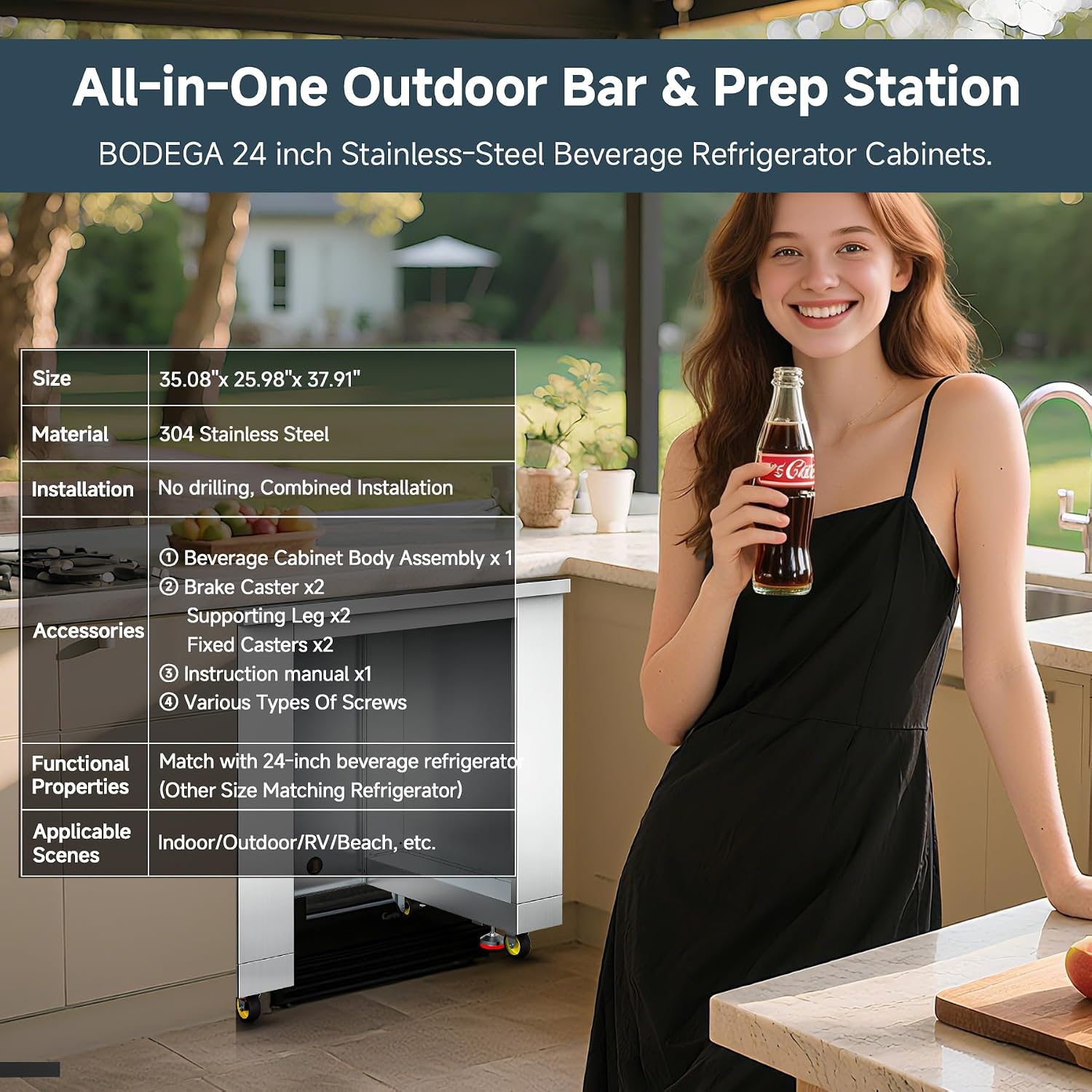 BODEGA Stainless Steel Outdoor Kitchen Cabinet for Beverage Fridge, Under Counter Beverage Refrigerator Cabinet Module is Designed to 24-inch Indoor/Outdoor Under-Counter Refrigerator.
