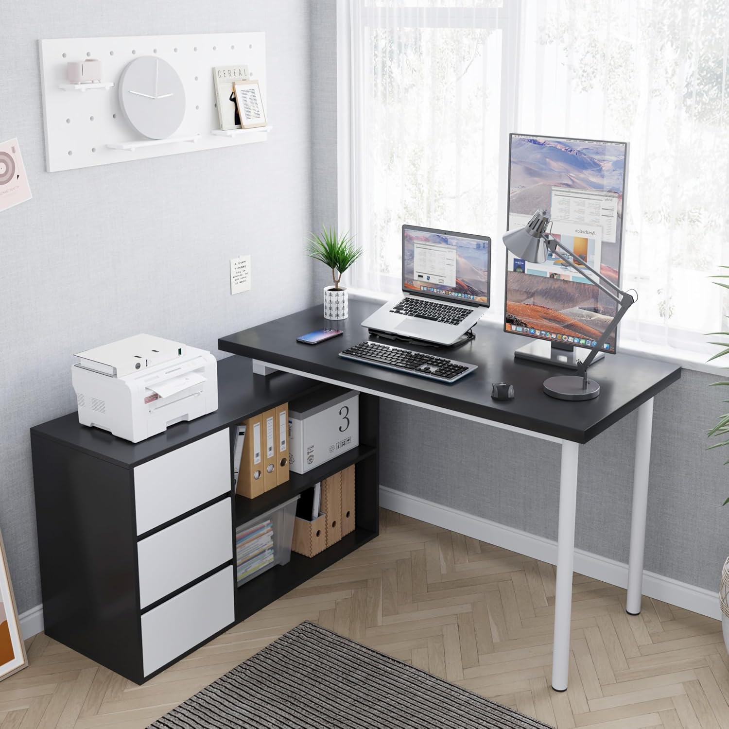 Home Office Computer Desk Corner Desk with 3 White Drawers and 2 Shelves, 53-inch L-Shaped Study Desk with Storage, Black + White