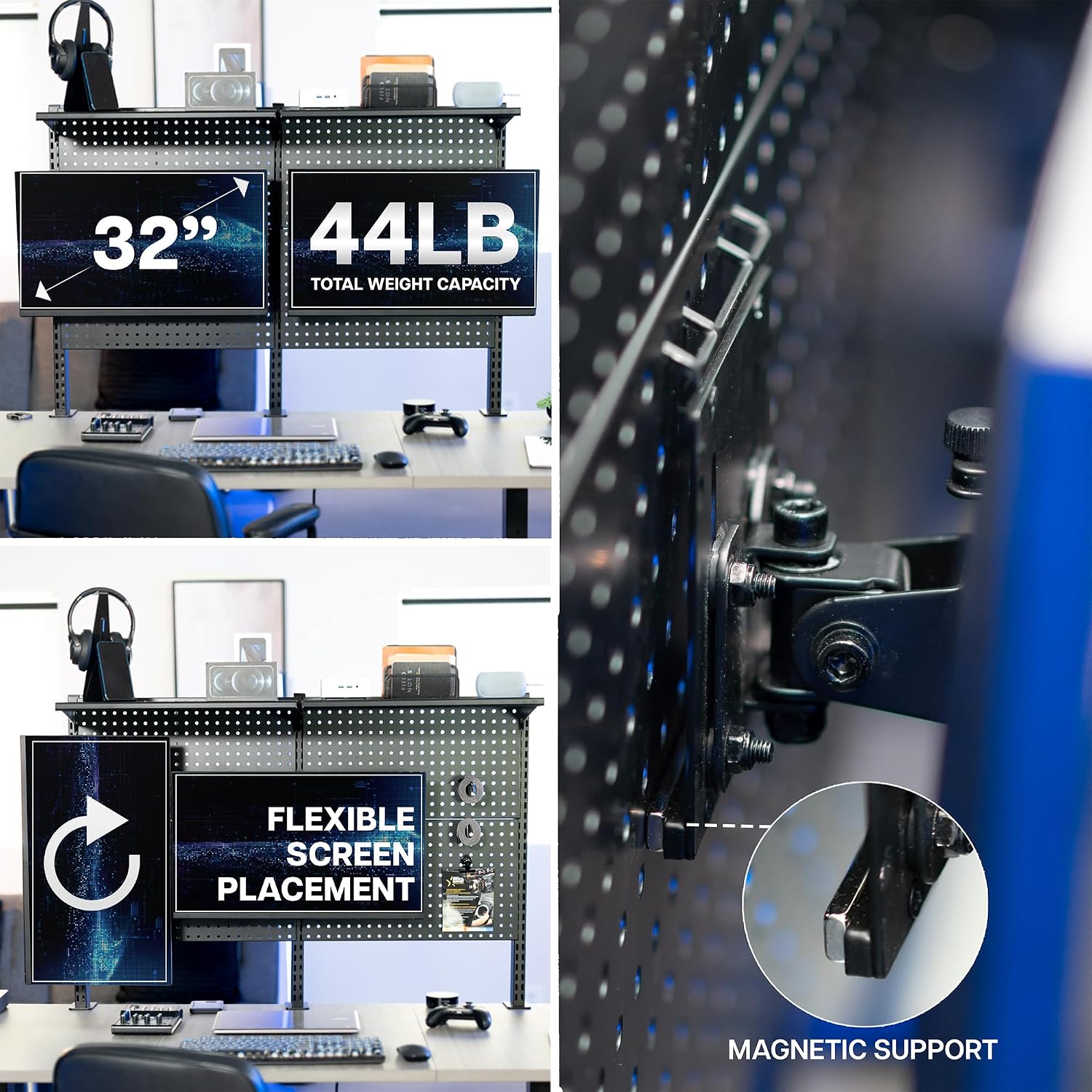 VIVO Steel Triple Clamp 47 x 31 inch Desk Pegboard System with 2 Monitor Mounts and Storage Shelf, Fits up to 32 inch Screens, Office Accessory Organizer, Black, PP-DK48SB