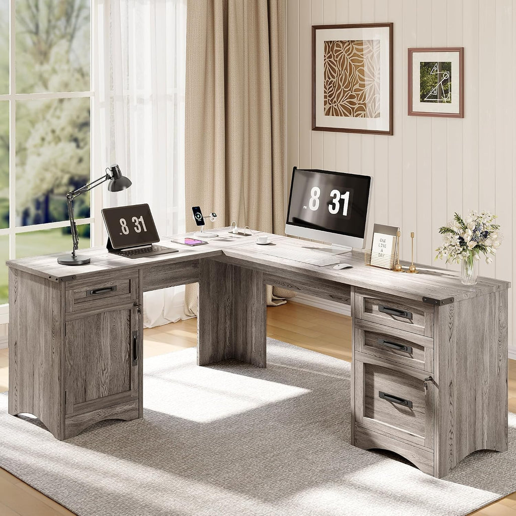 Decofy L Shaped Farmhouse Executive Desk with Drawers, 67' Home Office Desks with Fast Charging Station, Lockable File Cabinet, Wood Writing Computer Desk for Work, Study, Grey