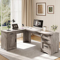 Decofy L Shaped Farmhouse Executive Desk with Drawers, 67' Home Office Desks with Fast Charging Station, Lockable File Cabinet, Wood Writing Computer Desk for Work, Study, Grey
