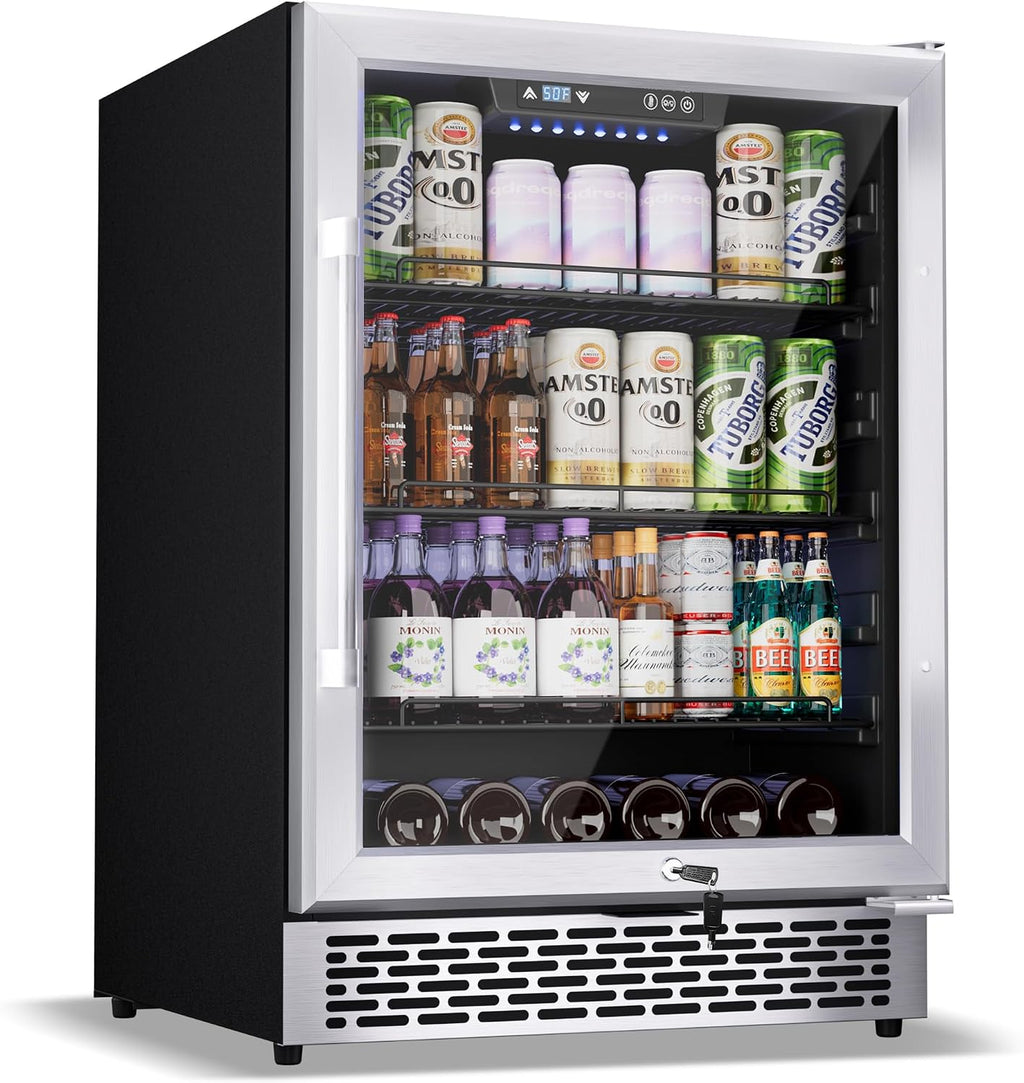 24-Inch Beverage Refrigerator, 200-Can Glass Door Cooler with Adjustable Shelves, Quiet Cooling, Freestanding or Under-Counter – Compatible with Beer, Soda, Wine, Milk, Suita