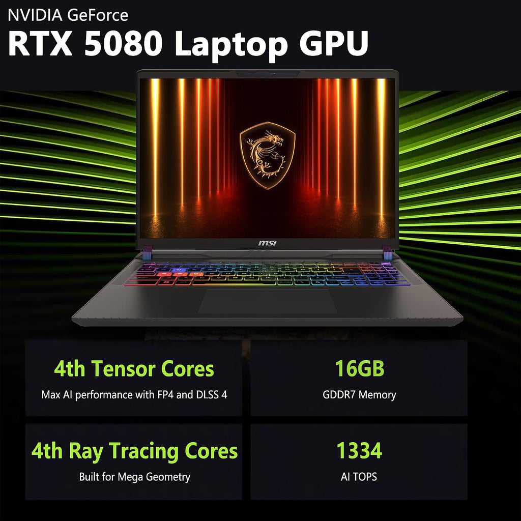 msi Vector 16 HX AI Gaming Laptop | 16' QHD+ IPS 240Hz | Intel Core Ultra 9 275HX | 32GB DDR5 1TB SSD | GeForce RTX 5080 (Up to 1334 AI Tops) | RGB Backlit Thunderbolt 5 Win11 Pro w/DLCA Accessory